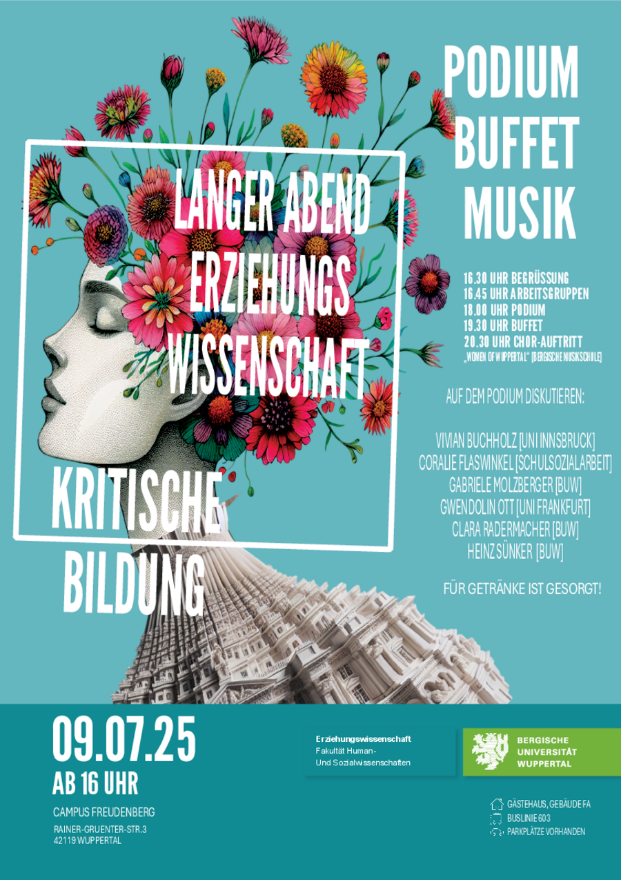 Poster für den Langen Abend der Erziehungswissenschaft: blauer Hintergrund, weiße Schrift mit den wichtigsten Informationen, im Vordergrund: Ein schwarz-weißer Kopf, Seitenamsicht, rote Blumen anstelle von Haaren, 