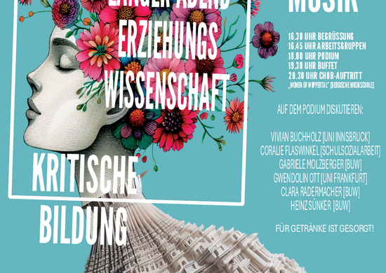 Poster für den Langen Abend der Erziehungswissenschaft: blauer Hintergrund, weiße Schrift mit den wichtigsten Informationen, im Vordergrund: Ein schwarz-weißer Kopf, Seitenamsicht, rote Blumen anstelle von Haaren,